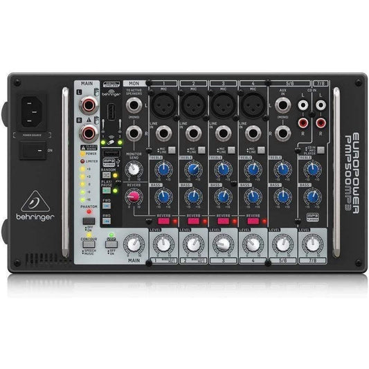 Behringer PMP500MP3 Ultra-Compact 500-Watt 8-Channel Powered Mixer with MP3 Player, Re