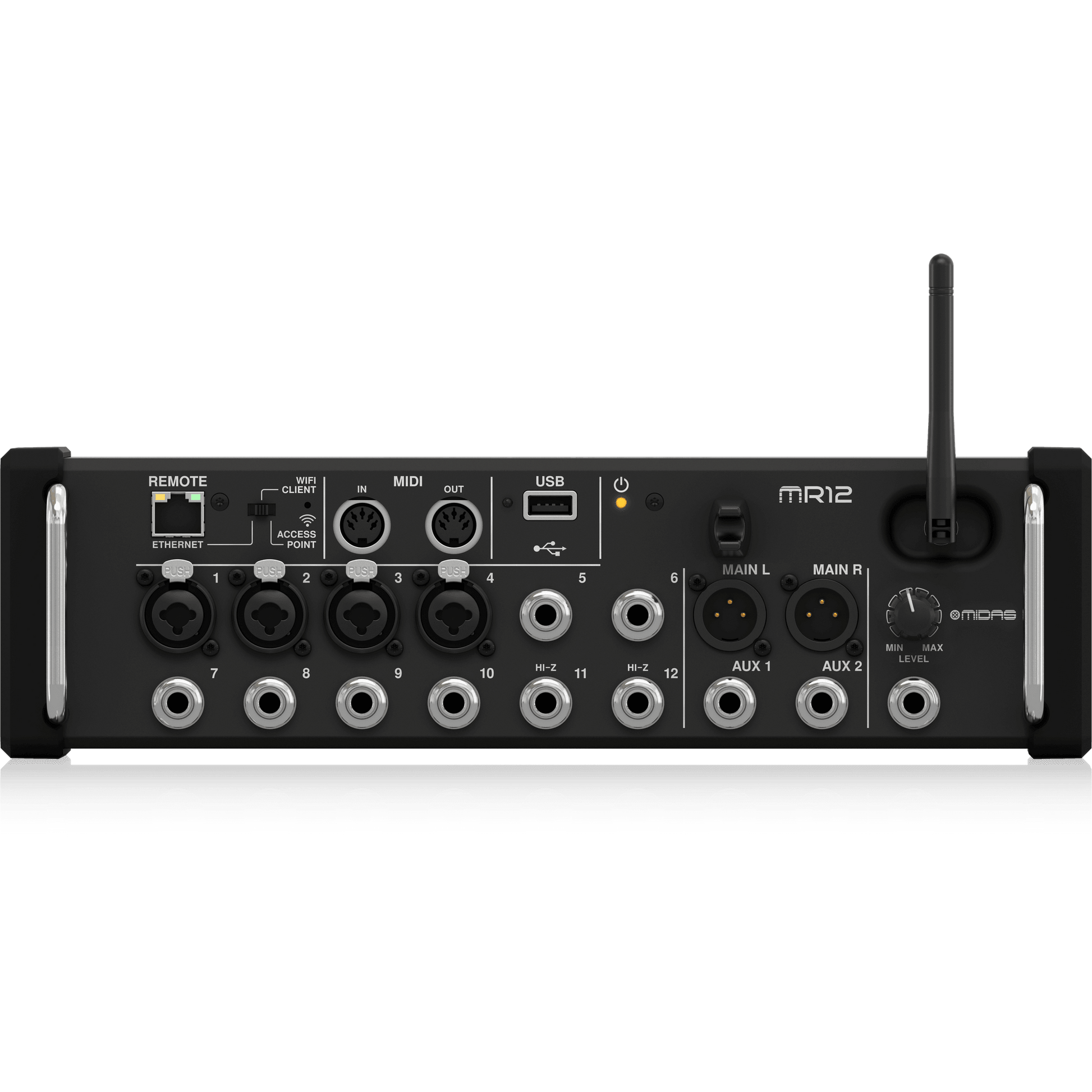 Midas-MR12 12-Input Digital Mixer for iPad/Android Tablets with 4 Midas PRO Preamps, 8 Line Inputs, Integrated Wifi Module and USB Stereo Recorder
